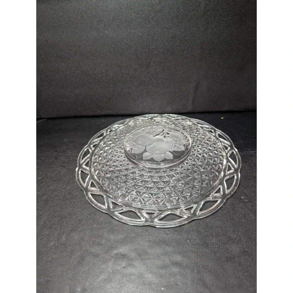 Imperial Glass Laced Rim‎ Frosted Intaglio Rose Diamond Platter, Serving Tray